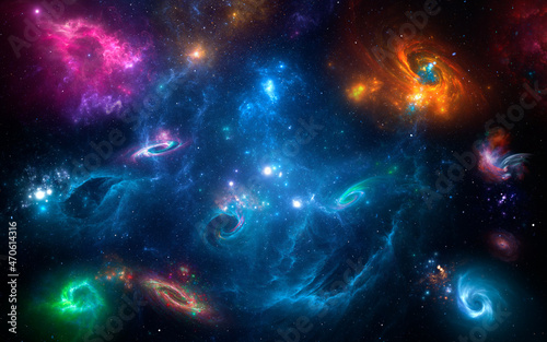 Panorama Space galaxy scene with planets  stars and galaxies. Banner template. Many Nebulae and galaxies in space  many light years away. Deep Universe galaxy space. Large-scale structure 3D rendered