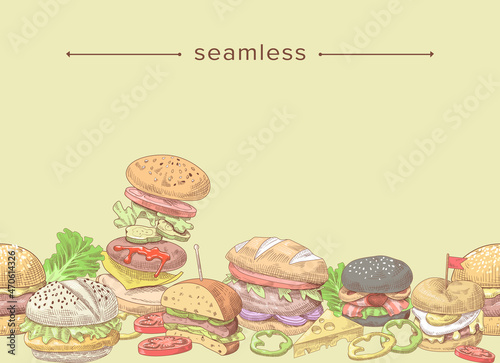 Sketch Seamless Burger Menu. Hand Drawn Hamburger, Cheeseburger or Beefburger Bistro Fastfood. Fast Food Meals