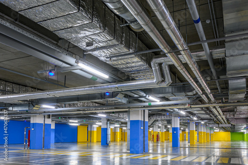 Underground parking of a commercial building.
