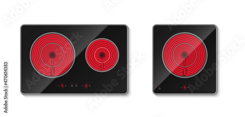 Heat electric black induction cook stove realistic vector cooktops or glass-ceramic cooking panels