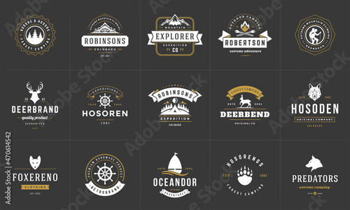 Camping logos and badges templates vector design elements and silhouettes set