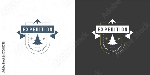 Forest camping logo emblem outdoor adventure leisure vector illustration mountain and pine tree silhouette