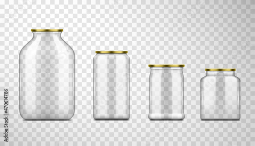 Different types of glass jars set with metallic cap realistic vector illustration
