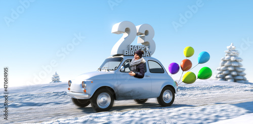 Geburtstagsauto Happy Birthday 23 im Winter