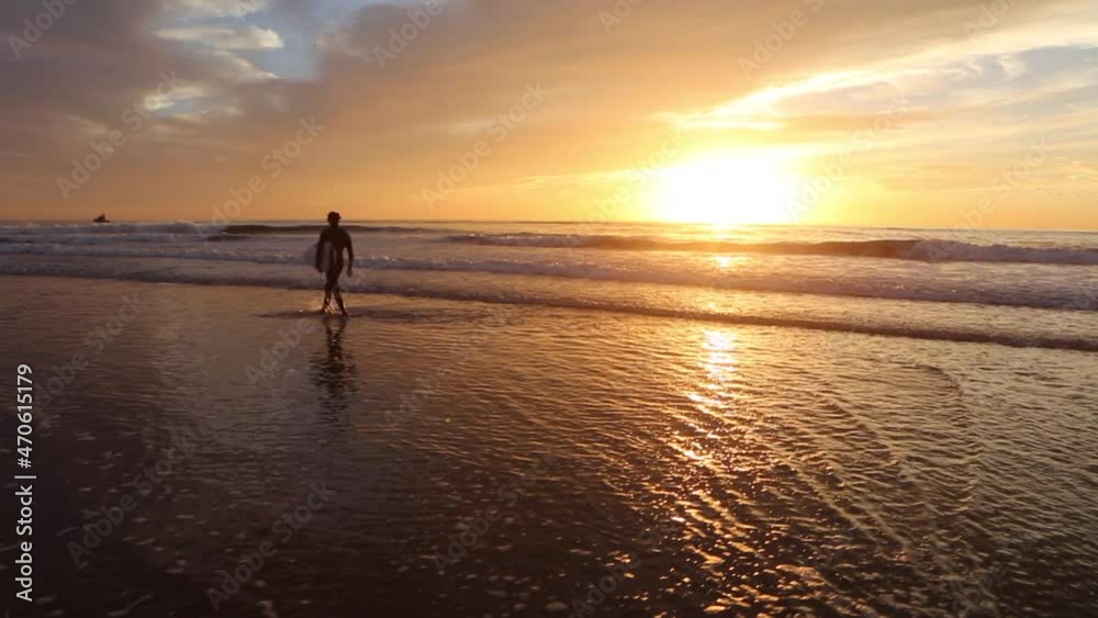 Surfer walking at the waters edge at sunset Surfer walking at the waters edge at sunset