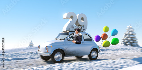 Geburtstagsauto Happy Birthday 29 im Winter