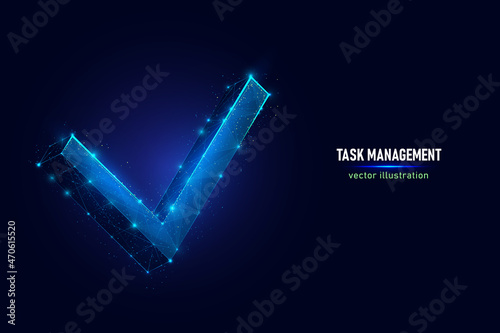 Check mark sign of approved decision digital wireframe made of connected dots. Symbol of posivive choice low poly vector illustration on blue background.