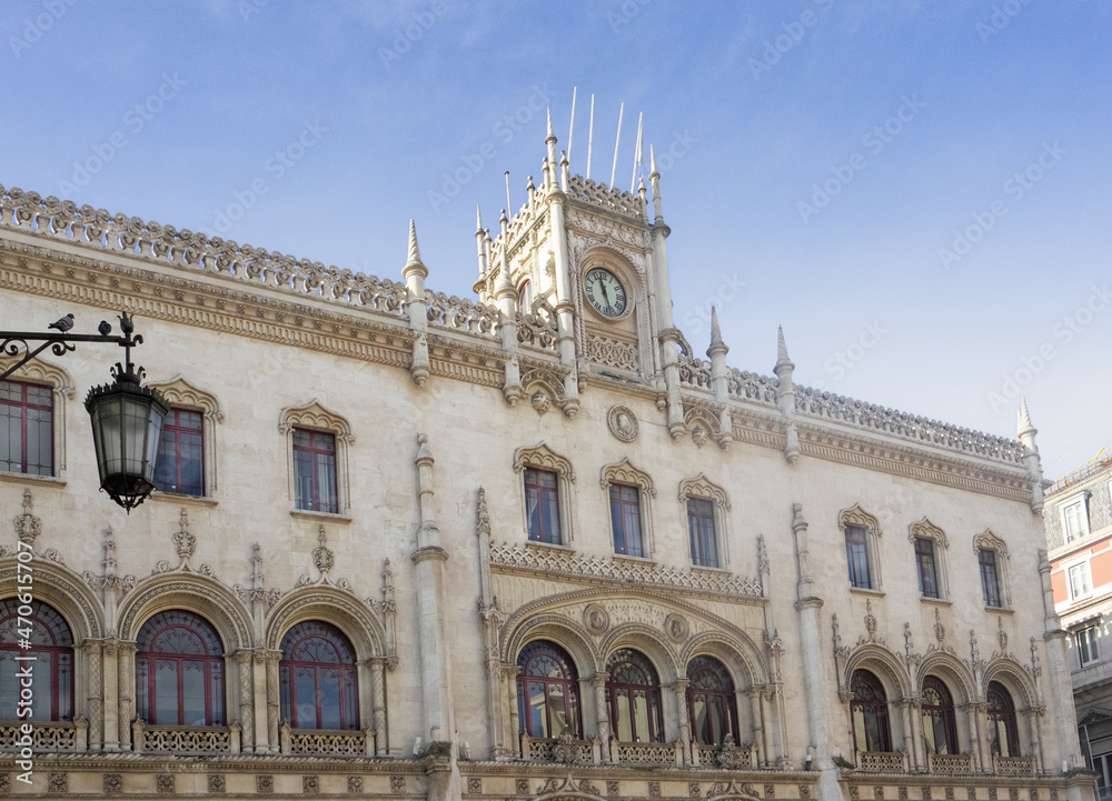 Ornate architecture in Lisbon capital of Portugal.Rossio train station,old Portuguese building facade