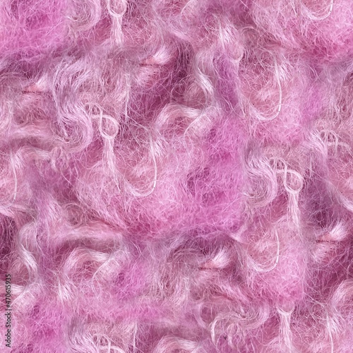 Seamless fuzzy pink fancy princess rug fur background or print for surface design. High quality photo. Repeat trendy teen glamour rug design. Close up of artificial luxury fluffy material.