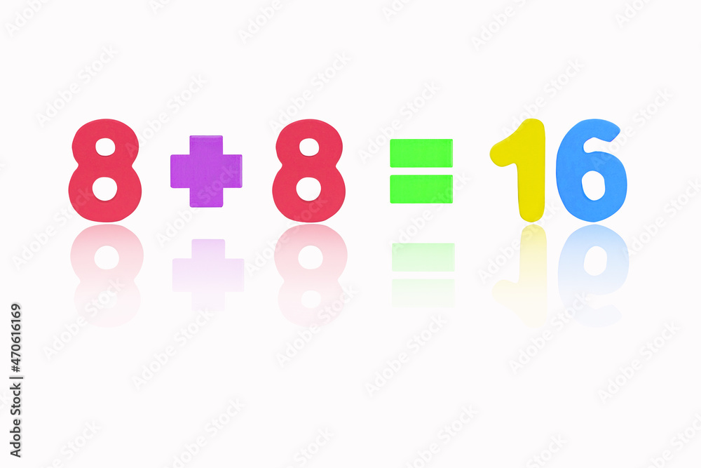 Eight plus eight equals sixteen (8+8=16) Illustration Image of simple math addition operation for kids math operation to enhance brain skills Plus, minus, multiply, divide Isolated on white background Eight plus eight equals sixteen (8+8=16) Illustration Image of simple math addition operation for kids math operation to enhance brain skills Plus, minus, multiply, divide Isolated on white background