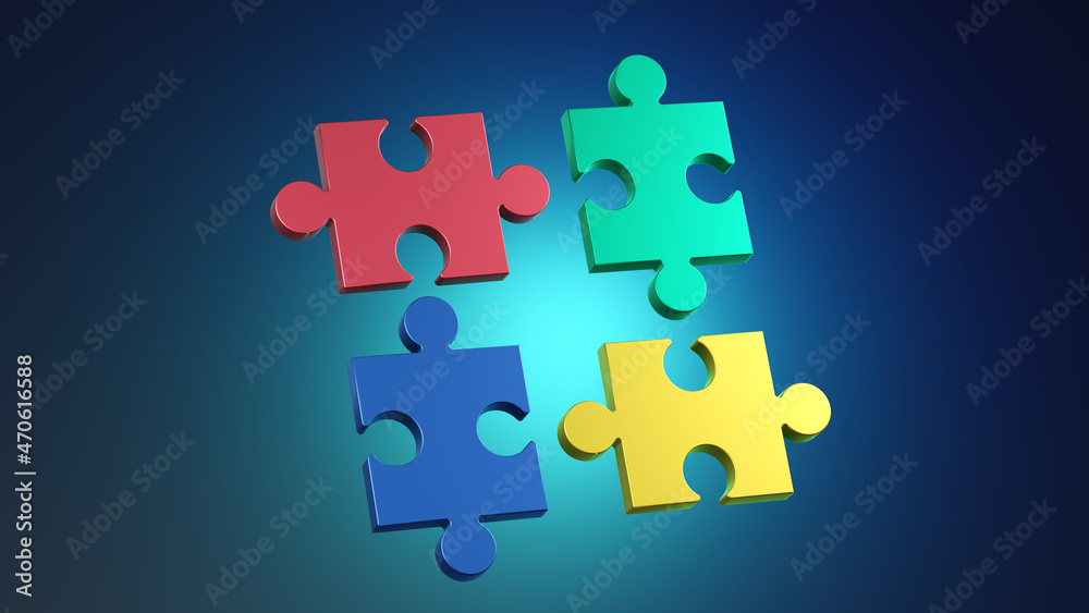 Colorful puzzle composition on blue background. 3D render illustration. Colorful puzzle composition on blue background. 3D render illustration.