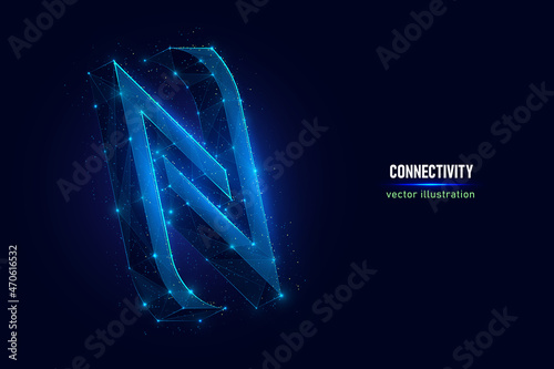 NFC sign of near field wireless communication technology digital wireframe made of connected dots. Symbol of nfc payment and communication low poly vector illustration on blue background.