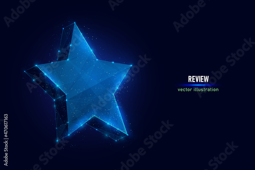 Star symbol digital wireframe made of connected dots. Review sign low poly vector illustration on blue background.