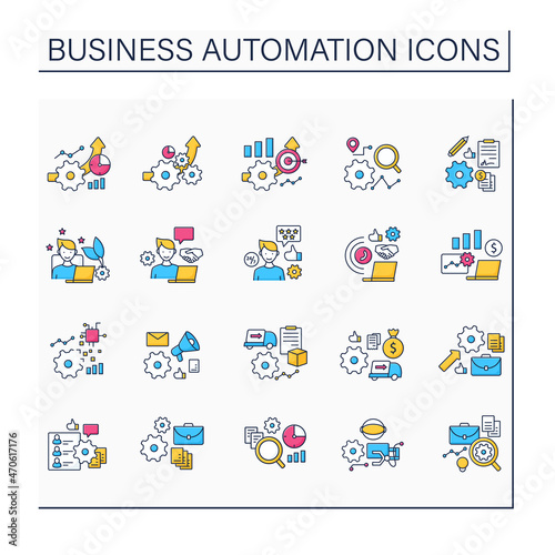 Business automation color icons set. Consists of greater productivity, metrics, open collaboration, hr onboarding, robotic. Business optimization concept.Isolated vector illustration