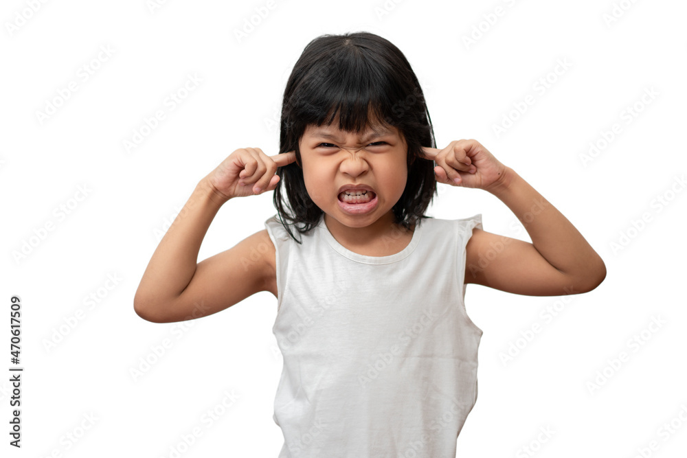 Portrait of angry emotional Asian girl screaming and frustrated shouting with anger, crazy and yelling and hand cover ears on white background, Attention deficit hyperactivity disorder (ADHD) concept Portrait of angry emotional Asian girl screaming and frustrated shouting with anger, crazy and yelling and hand cover ears on white background, Attention deficit hyperactivity disorder (ADHD) concept