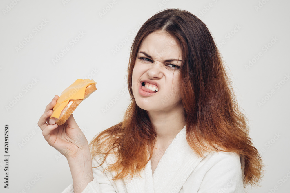 cheerful woman eating sandwich snack fast food cheerful woman eating sandwich snack fast food