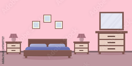 Bedroom with furniture. Interior design. Vector illustration.