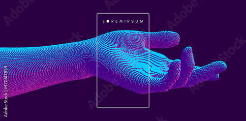 Hand open and ready to help. Human arm giving. Connection structure. Voxel art. 3D vector illustration for medicine, science or technology.