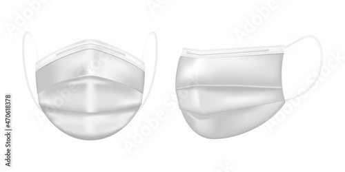 Realistic medical face mask. Details 3d medical mask. Different angles. White color. Vector illustration.