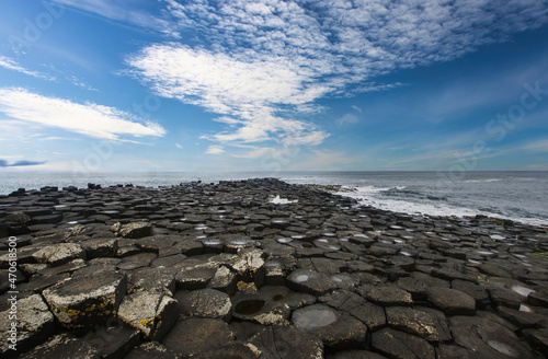 North Ireland Sea Coast Sunset, Atrim landscapes, Giants of Causeway , North Ireland, Land of Myths and Legends Ireland, Stone pillars, Cliffs and Rocks, North Ireland