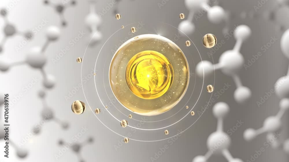 Cosmetic Essence oil Liquid drop with molecule on a white background, 3d animation