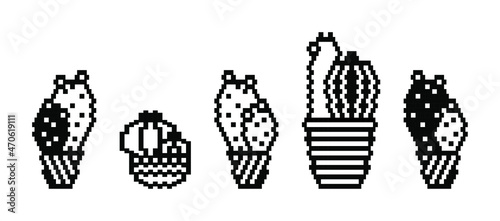 Pixel cacti. Vector illustration of cactus succulent aloe isolated on a white background. Geometric plants. Icons and silhouettes of cacti. Tropical plants, desert cacti. Abstract Decorative cactus