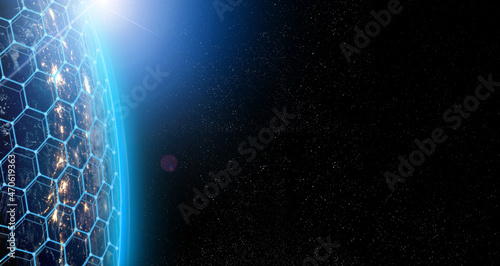 Fototapeta Naklejka Na Ścianę i Meble -  Night view of planet Earth from space.Global world network and telecommunication on earth cryptocurrency and blockchain and IoT.. Elements of this image furnished by NASA.Communication technology