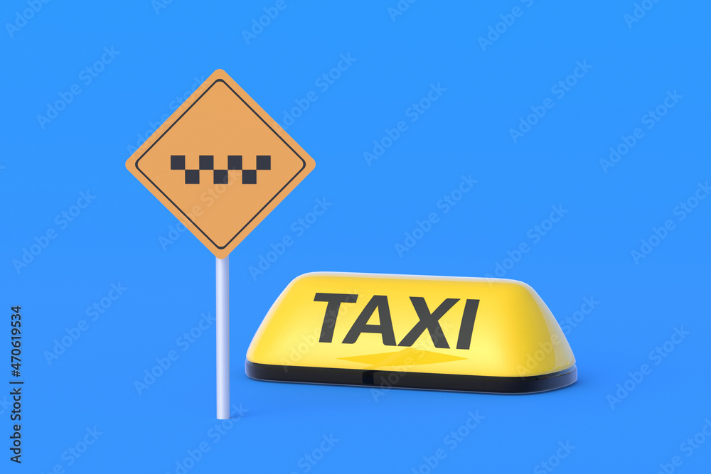 Yellow symbol of taxi near sign. Place of stopping of city passenger transport. Online location. Web tracking. 3d render Yellow symbol of taxi near sign. Place of stopping of city passenger transport. Online location. Web tracking. 3d render