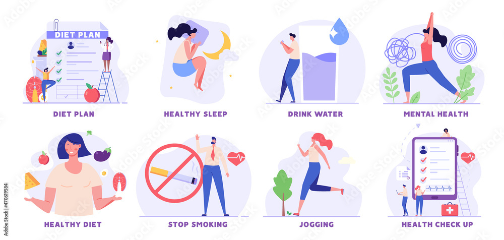People with healthy habits. Physical and mental wellness set. Women doing yoga exercises planning diet and meditating. Collection of healthy sleep stop smoking drink water morning running Stock Vector...