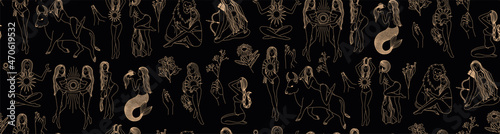 Seamless pattern - signs of the zodiac. Gold illustration of astrological signs on a dark background. Magical illustrations of women and animals in the blooming sky. Mystical women. Flora and magic.
