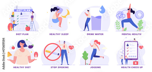 People with healthy habits. Physical and mental wellness set. Women doing yoga exercises, planning diet and meditating. Collection of healthy sleep, stop smoking, drink water, morning running photo