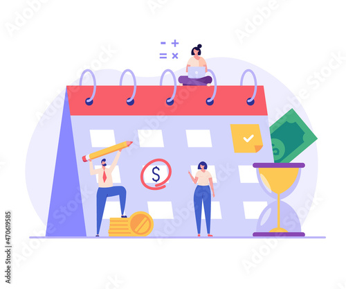 People are standing near to a calendar with a due date. Concept of payment date, finance calendar, financial stability, pay day, success. Vector illustration in flat design