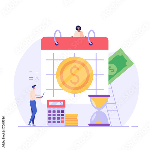 People are standing near to a calendar with a due date. Concept of payment date, finance calendar, financial stability, pay day, success. Vector illustration in flat design