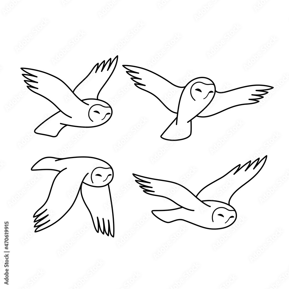 Obraz premium Cartoon owl sketch line icon. Cute bird icons set. Childish print for nursery, kids apparel, poster, postcard, pattern.