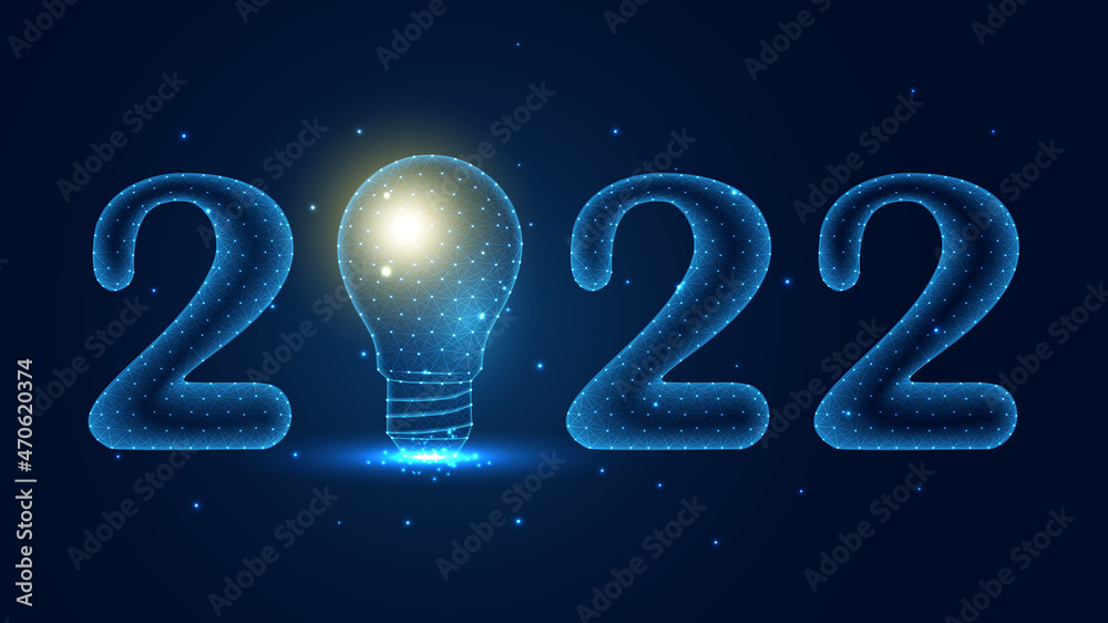 Happy 2022 Happy New Year with a lightbulb line connection. Low poly wireframe design. Abstract geometric background. vector illustration. Happy 2022 Happy New Year with a lightbulb line connection. Low poly wireframe design. Abstract geometric background. vector illustration.