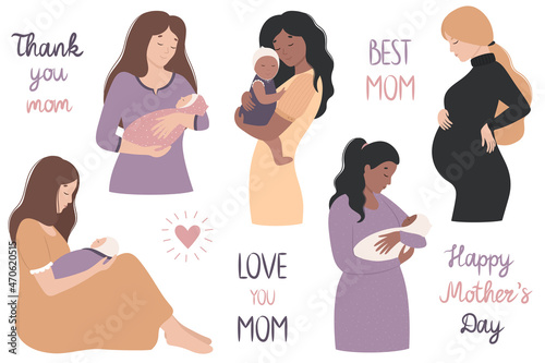 Mom and baby. A set of mothers in different poses with a newborn in their arms. Pregnant beautiful woman. Lettering handwritten Happy Mother's Day. Vector illustration in a flat cartoon style