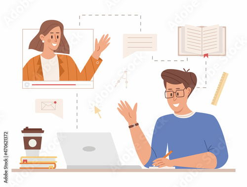 Man learning online at laptop and watching lesson