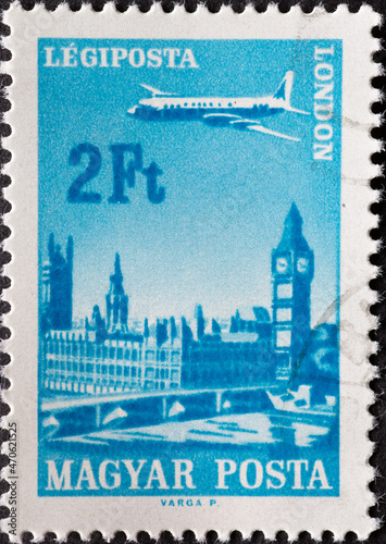 Photography HUNGARY - CIRCA 1966: A post stamp printed in Hungary showing an Ilyushin II-18