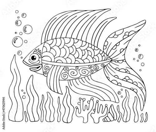 Coloring page fish. Sea animal with patterns. Doodle thin line art. Coral reef hand drawn vector illustration. Underwater ocean dweller. Coloring book for children and adult.