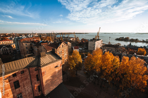 View of the Port Authority and South Harbor from the Clock Tower in autumn in Vyborg, Leningrad Region