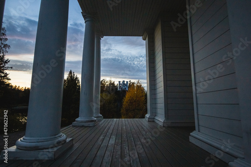 Vyborg, Russia - View of the Tomb Chapel, Ludwigsburg on Ludwigstein Island in Mon Repos Park from the side of the Temple of Neptune
