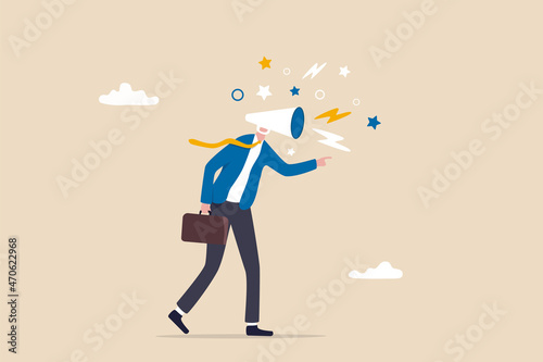 Complain on everything, blame other people, negative feedback, furious anger boss complainer or displeased manager concept, furious businessman boss megaphone head shouting complaint on everything.