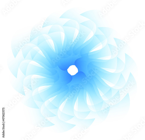 The translucent blue fan consists of a large number of elements rotating in a circle on a white background. Graphic design element. Vector, eps10. 