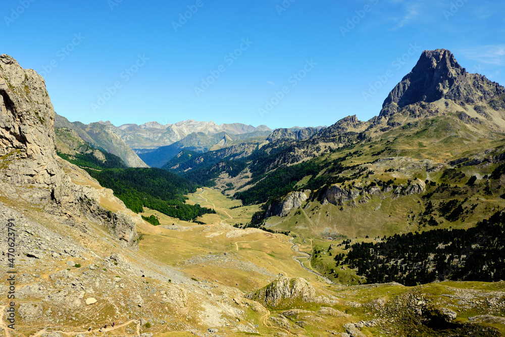 View of a mountain landscape with a cloudy sky. Pic du Midi d'Ossau