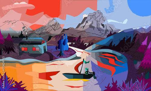 Vanguard boat with houses with mountains with red-blue yellow purple tints.