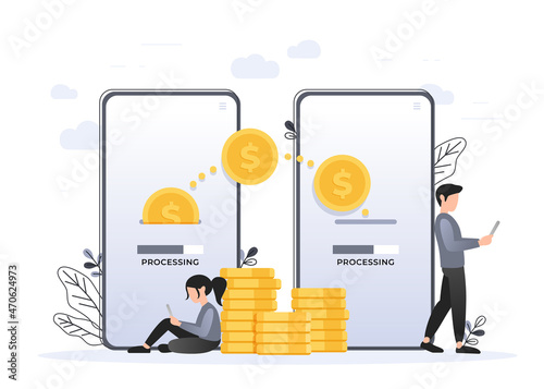 Mobile Payment concept, People character transfer money for online shopping on smartphone. Suitable for web landing page, ui, mobile app, banner template. Vector Illustration