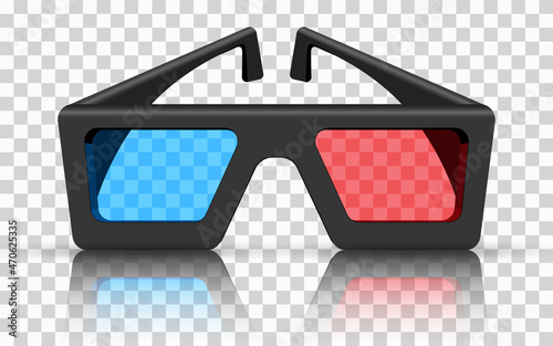 Object for the film industry. Glasses on a reflective surface.  3D vector. High detailed realistic illustration