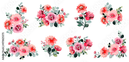 Pink rose flower bouquet collection with watercolor