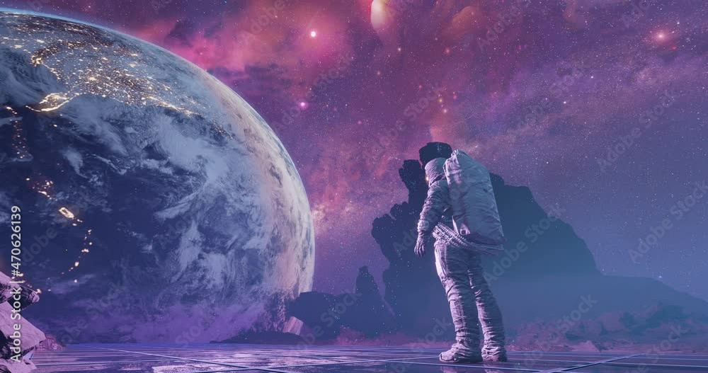 An astronaut on alien planet watching Earth and stars, standing between ...