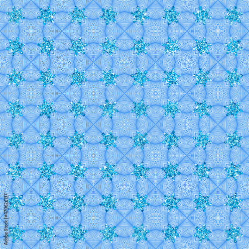 Crystalline snowflakes. Winter pattern. Seamless texture. Blue shades.